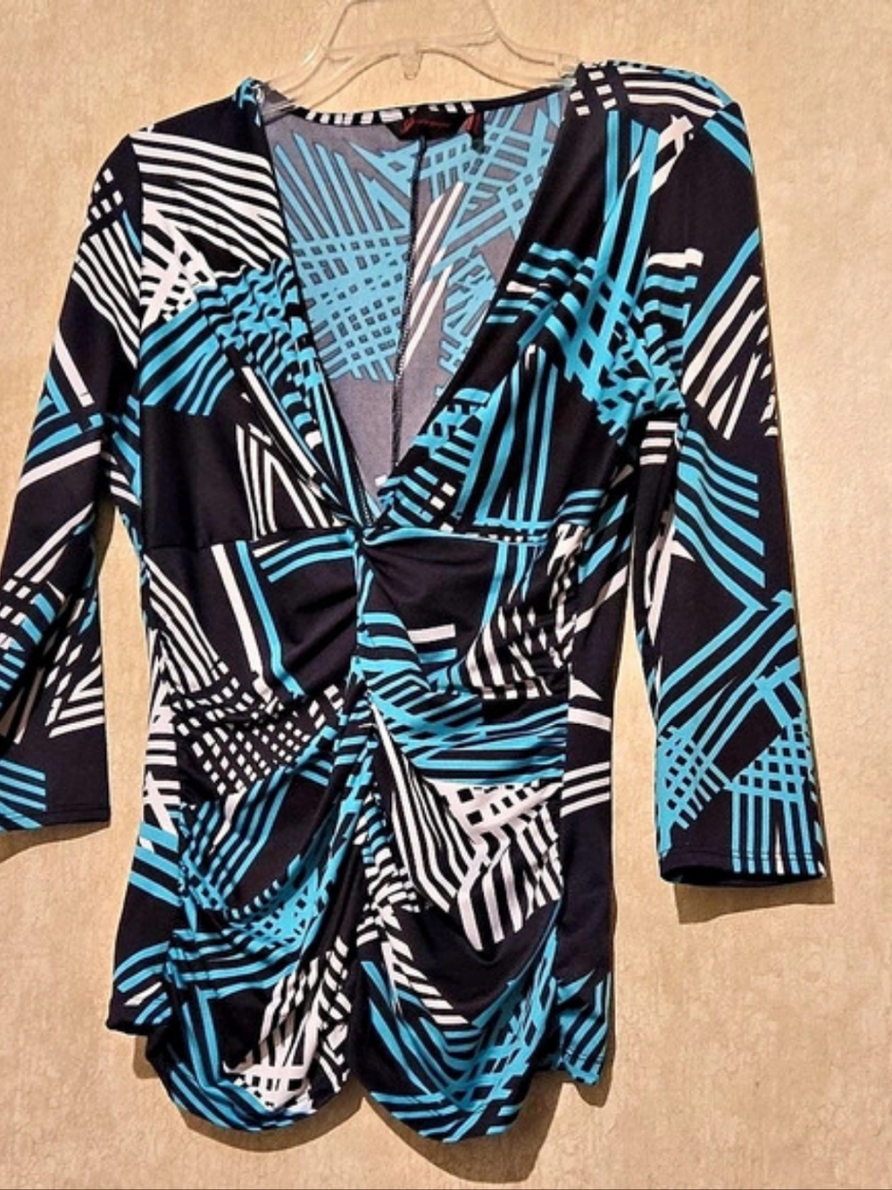 Sofia by Sofia Vergara Abstract Print Ruched Knot Top Geometric Shirt.